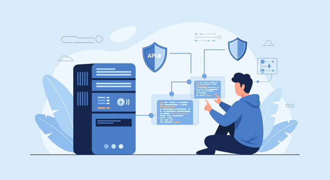 Developer coding API integration with server and security shields