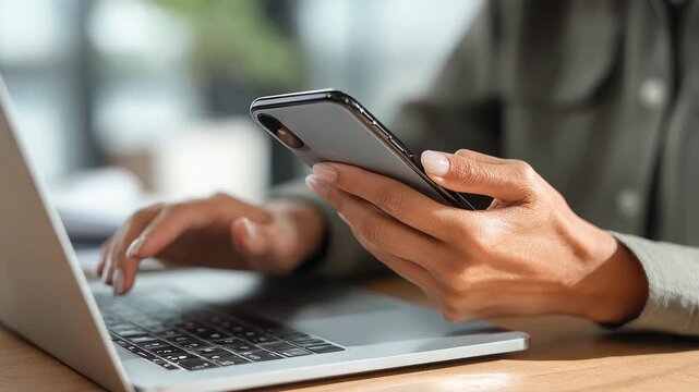 Woman holding smartphone receiving confirmation message while using laptop, close up, wireless data sync, indoor home setting, mockup template