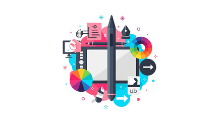 Obraz premium Graphic Design Creative Tools Vector Illustration with Digital Tablet Stylus and Color Wheels for Digital Artists