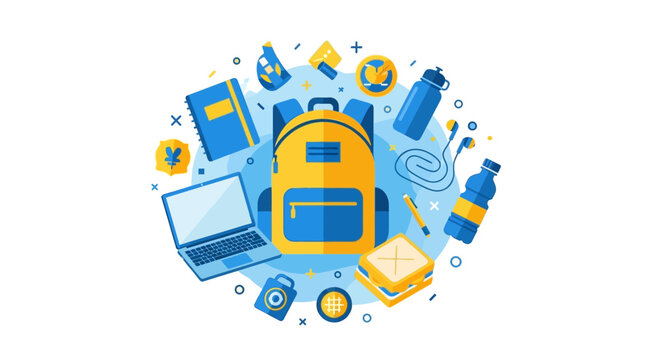 Modern Flat Illustration of Student Backpack with Laptop and School Essentials