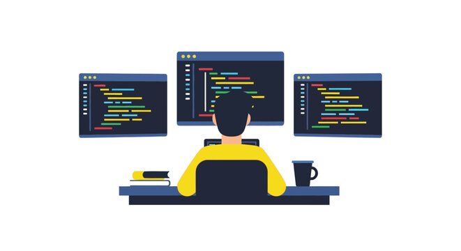 Back View of Software Developer Working with Code on Multiple Screens Flat Vector Illustration