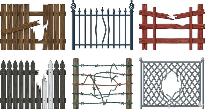 A collection of various broken and damaged fence styles including wooden, metal, chain link, and barbed wire designs rendered as a high quality vector illustration set.