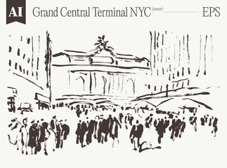 Obraz premium Grand Central Terminal NYC Panoramic Crowd Ink Sketch Bustling