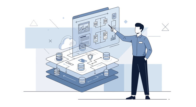 Developer presenting data flow on futuristic interface, cloud database illustration.