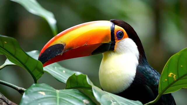 Majestic Toco Toucan perched among lush green tropical leaves in the rainforest, perfect for nature documentaries and wildlife education content.