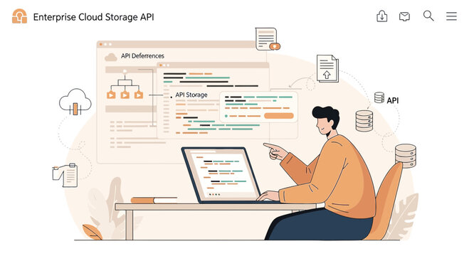 Developer using laptop for enterprise cloud storage API development and data integration.