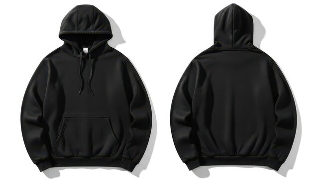 Black hoodie with front pocket and drawstring hood, perfect for casual wear and outdoor activities