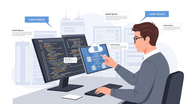 Developer working on cloud computing solution with coding on computer screens