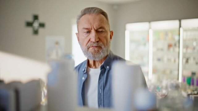Thoughtful man choosing medicine looking in two pills bottles. Guy making choice
