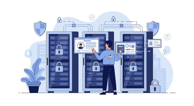 Data center security, server room protection, cybersecurity concept