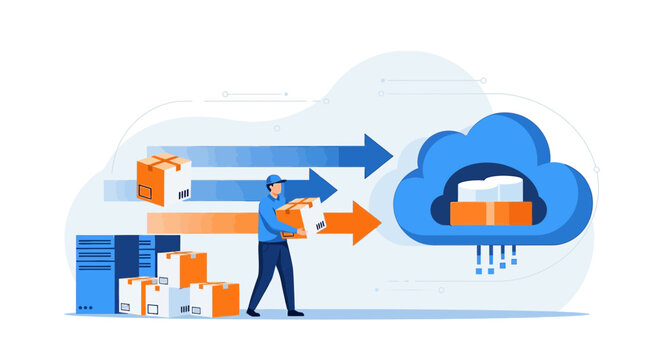 Data Transfer to Cloud: Man Carrying Package to Digital Storage
