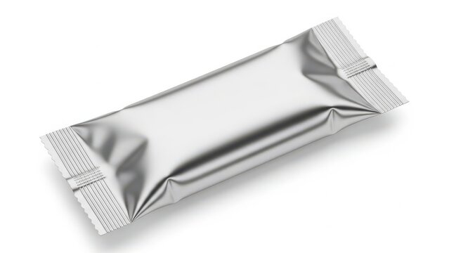 A single foil wrapper from a chocolate bar lying on a white background
