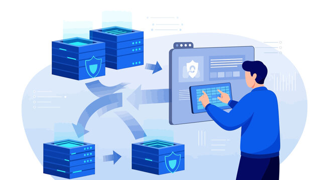 Data security and network management concept, cybersecurity, server protection