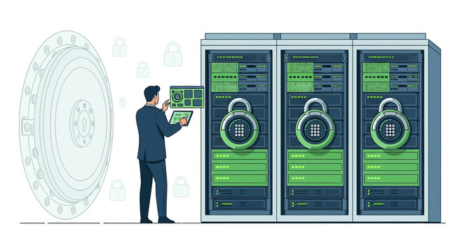 Data security expert managing server rack with digital locks and large hard drive