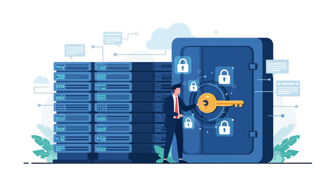 Data Security: Man unlocks safe with key next to server racks.