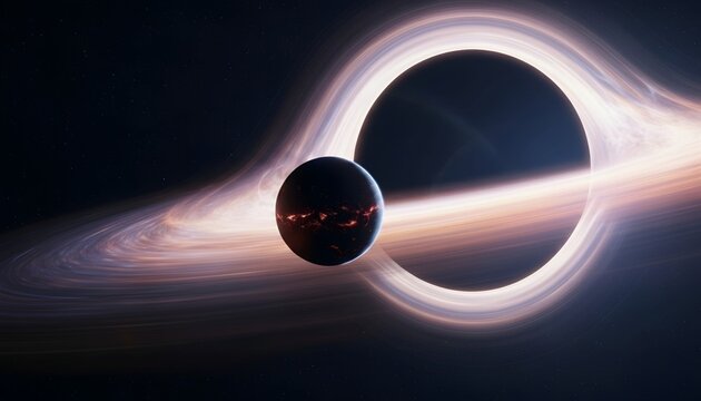 A giant black hole with a glowing accretion disk and a planet near it in deep dark space.