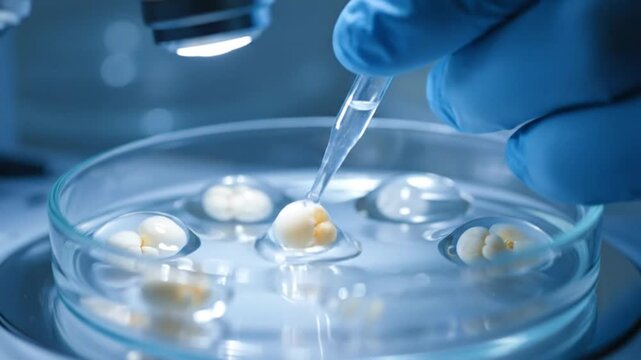 Scientific examination of embryo cells in petri dish, using a pipette for close-up biological research in laboratory.