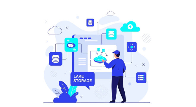 Data Lake Storage System Management with Cloud Icons and Diagram