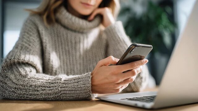 Woman holding smartphone receiving confirmation message while using laptop, close up, wireless data sync, indoor home setting, mockup template