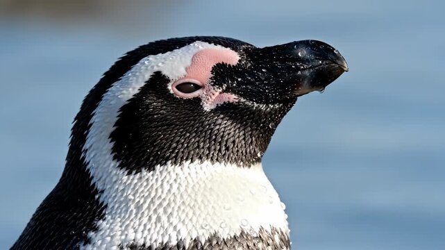 Stunning Close-up of an African Penguin showing wet feathers and pink eye patches against a blue background perfect for wildlife documentaries and educational content.
