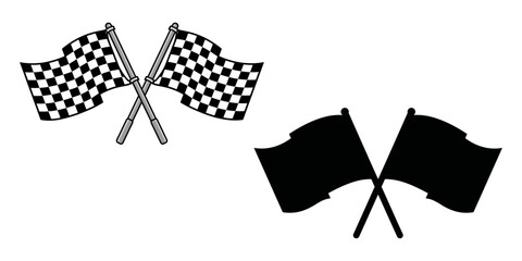 Fototapeta premium Black and White Crossed Racing Chequered Flags and Solid Silhouette Icon Set