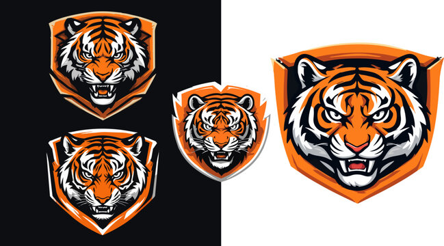 Tiger mascot logo set, fierce bengal tiger head on shield emblems, aggressive wild cat esports vector graphics for gaming and sports teams