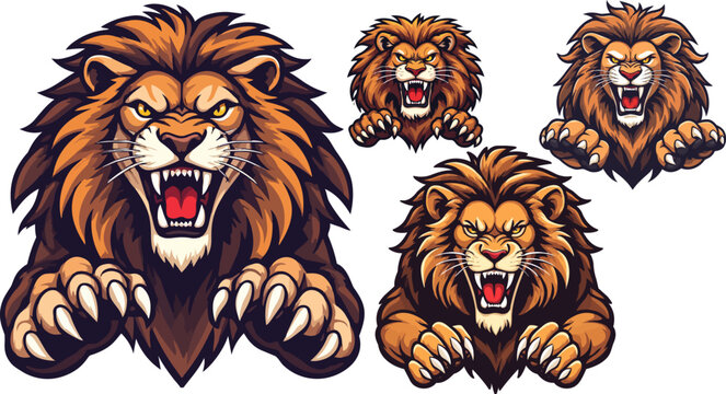 Aggressive lion mascot vector set, roaring lion head with sharp claws, 4 fierce animal sports logos, powerful predator illustrations for gaming and apparel