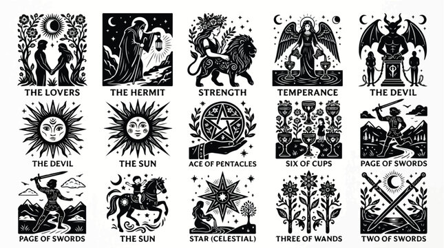 Black and white illustration of 12 tarot cards arranged in three rows of four on a plain background with mystical and symbolic designs.