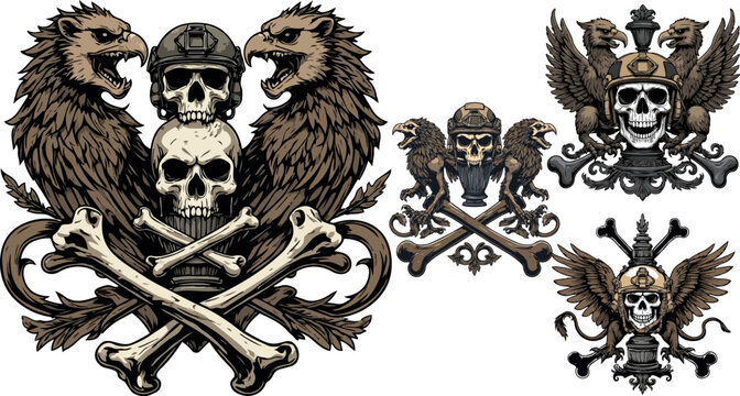 Military tactical skull and eagle crest set, 4 aggressive heraldic emblems with crossbones, gothic biker patches and dark fantasy vector graphics