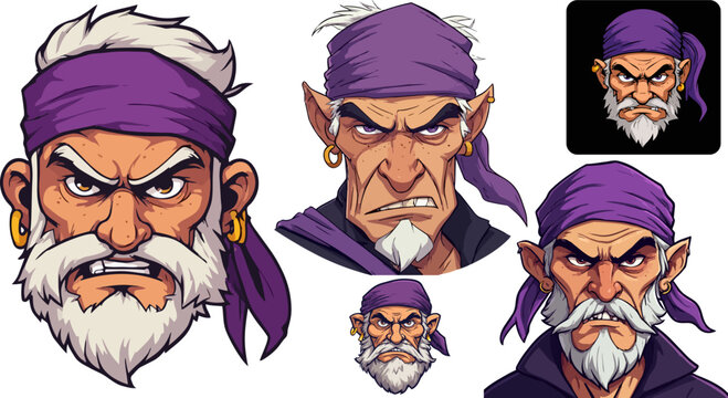 Grumpy pirate character head vector set, angry old sailor with white beard and purple bandana, fantasy warrior mascot icons for gaming and esports