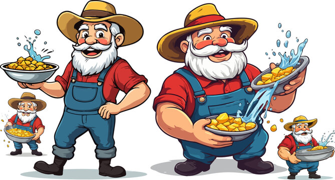 Cartoon gold miner character set, bearded prospector panning for gold nuggets in water, vintage mining mascot vector illustration in overalls