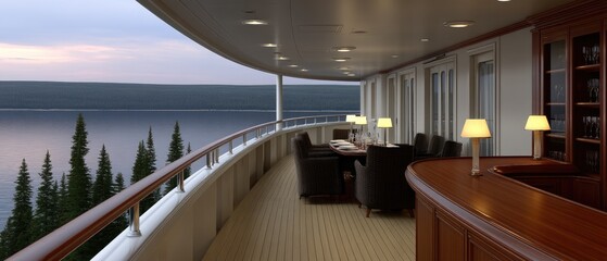 Fototapeta premium Luxury yacht dining setup at sunset with beautiful views of water, islands, and mountains, featuring a long table and bar counter