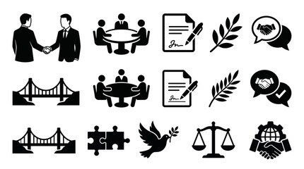 Obraz premium Business diplomacy icon set, featuring handshakes, meetings, and legal contracts, vector illustration