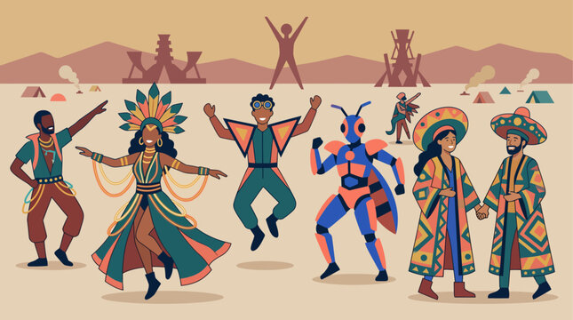 This strong flat design illustration embodies the principle of radical self-reliance at Burning Man 2026, showing a minimalist figure confidently equipped in the vast desert. 