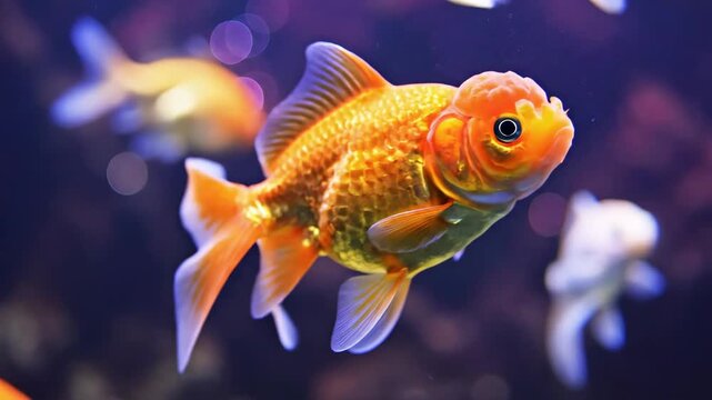 Vibrant Oranda Goldfish swimming gracefully in a dark blue aquarium with bokeh lights perfect for nature documentaries or pet shop advertisements.