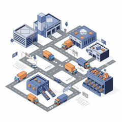 Fototapeta premium Isometric illustration of industrial area with warehouses and trucks.