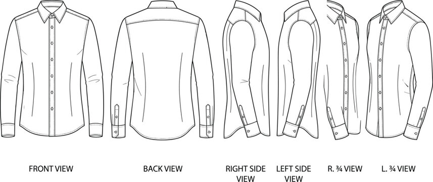 Men Long Sleeve Formal Shirt Technical Flat Sketch Six Views Front Back Side Fashion Design Vector Illustration