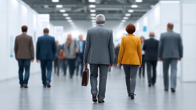 Businesspeople Walking at Trade Fair, Wide Panorama