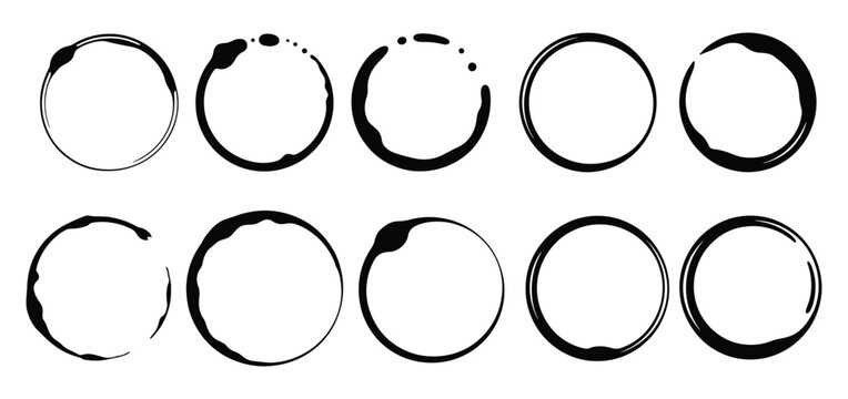 Black Coffee Tea Cup Ring Stain Collection, Grunge Circular Wet Imprint Silhouette Mark Bundle, Grunge Cup Ring Stain Stamp