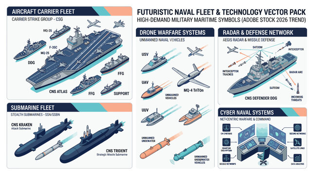 Futuristic Naval Fleet Vector Set with Aircraft Carrier, Stealth Submarines, Military Drones, Radar Defense Network, and Cyber Command Center.