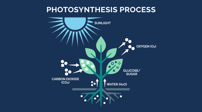Illustrated Plant Diagram Showing Photosynthesis Process.