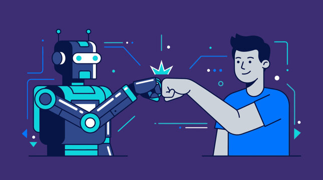 Young man and robot fist bumping in friendly greeting.
