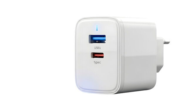 Dual port usba and usbc wall charger isolated on transparent background