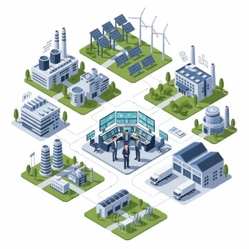 Isometric illustration of industrial city with sustainable energy sources and factories.