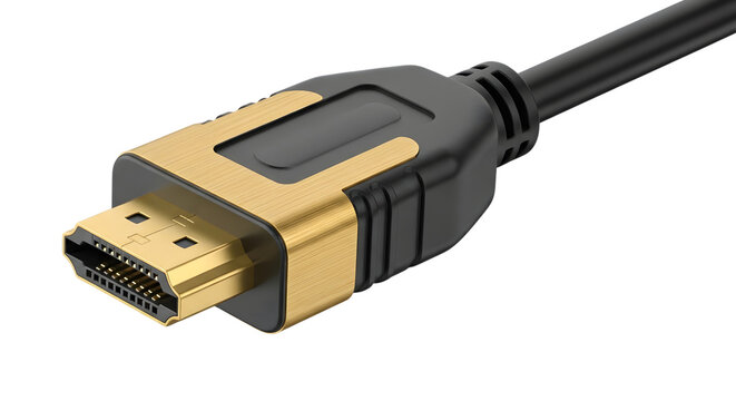 Gold plated hdmi cable connector isolated on transparent background