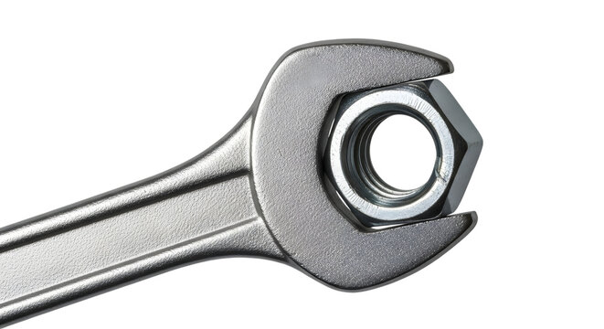 Steel wrench holding a hex nut isolated on transparent background