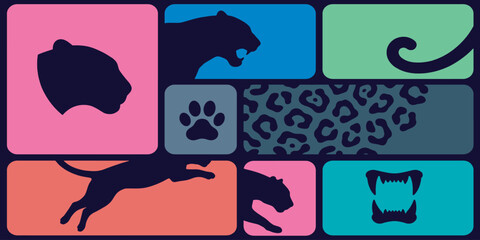 A graphic collage featuring various stylized silhouettes and patterns related to big cats like leopards and panthers, including heads, paws, spots, and actions. © Riki