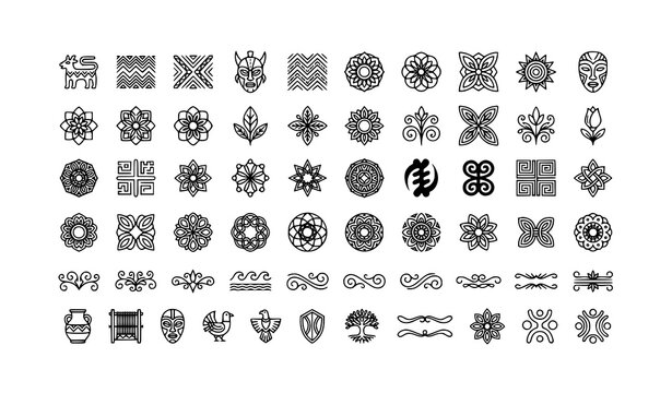 Gorgeous ethnic ornamental outline icon set with tribal decorative pattern motifs in black and white vector style