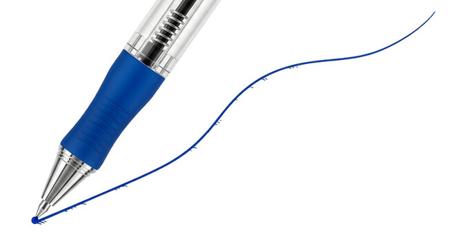 Blue ballpoint pen drawing a wavy line isolated on transparent background