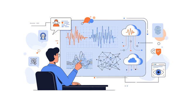 Data analyst examining charts and graphs, AI, big data, cloud computing concept
